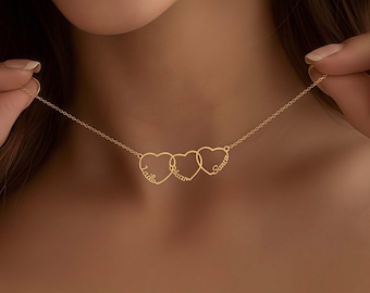 Collar de corazones con nombre personalizado, collar con nombre familiar personalizado, collar con varios corazones, collar para mamá con nombres de niños, regalo familiar para mamá