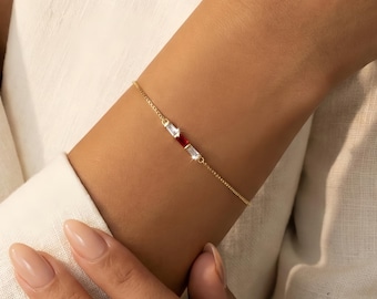 Custom 18K Gold Birthstone Bracelet, Baguette Birthstone Bracelet, Personalized Gift for Mom Grandma, Mothers Day Gift, Gift for Women