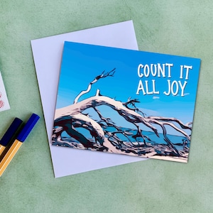 Conte tudo Cartão Joy, 5,5" x 4" Dobrado - adesivos de envelope grátis - cartão de amigo - anime-se - envie um pouco de amor - envie luz do sol - cartão de nota de praia