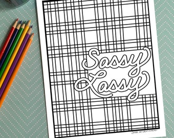 Sassy Lassy Coloring Page - Digital Download - printable coloring page - adult coloring page - plaid coloring page- St. Patrick's Day