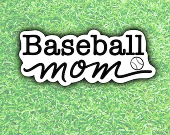 Op de afbeelding: Witte sticker met zwarte tekst die "Baseball mom" zegt met een baseball-afbeelding.