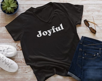 Joyful V-Neck Tee - Happy Graphic Short Sleeve Shirt