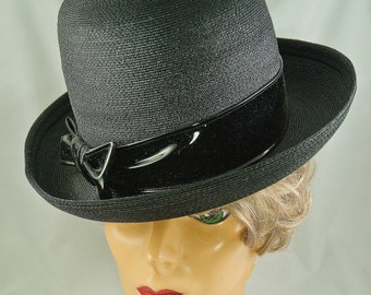 Miss Carnegie Classic Black Straw Hat with Patent Leather Bow