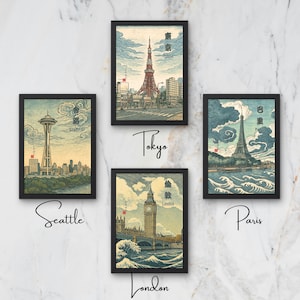 Könnte beinhalten: Vier gerahmte Kunstdrucke mit berühmten Stadtansichten: Tokyo Tower, Space Needle in Seattle, Big Ben in London und der Eiffelturm in Paris. Jeder Druck hat einen schwarzen Rahmen und einen Vintage-Illustrationsstil mit Stadtnamen.