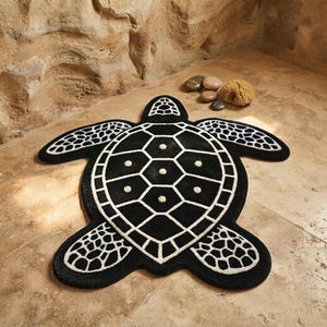 Handmade Sea Turtle Rug, Black and White Turtle Area Rug, Ocean Animal Decor, Coastal Beach Rug, Nautical Nursery & Kids Room Carpet