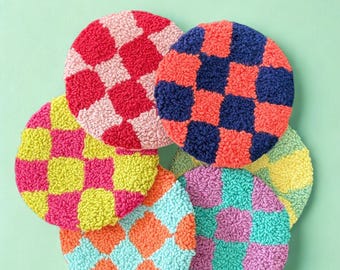 Handmade Punch Needle Coaster Set – Checkered Mug Rug, Tufted Coffee Table Decor
