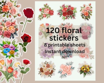 printable floral stickers bundle junk journal, planner stickers Instant download