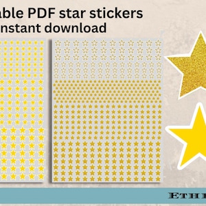 May include: Printable PDF star stickers in yellow and gold. The image shows two sheets of star stickers, plus three individual star stickers. The text at the top says "printable PDF star stickers Instant download".