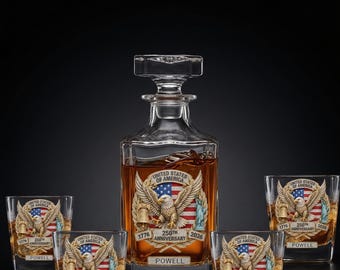 Personalized 250th Anniversary Decanter Set, 750ml Square Whiskey Decanter with 4 Rocks Glasses, 1776 2026 USA Patriotic Gift
