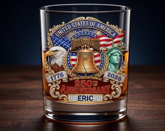 USA 250th Anniversary Whiskey Glass, Personalized 11oz Old Fashioned Glass, Custom Name 1776 2026 Patriotic Bourbon Gift