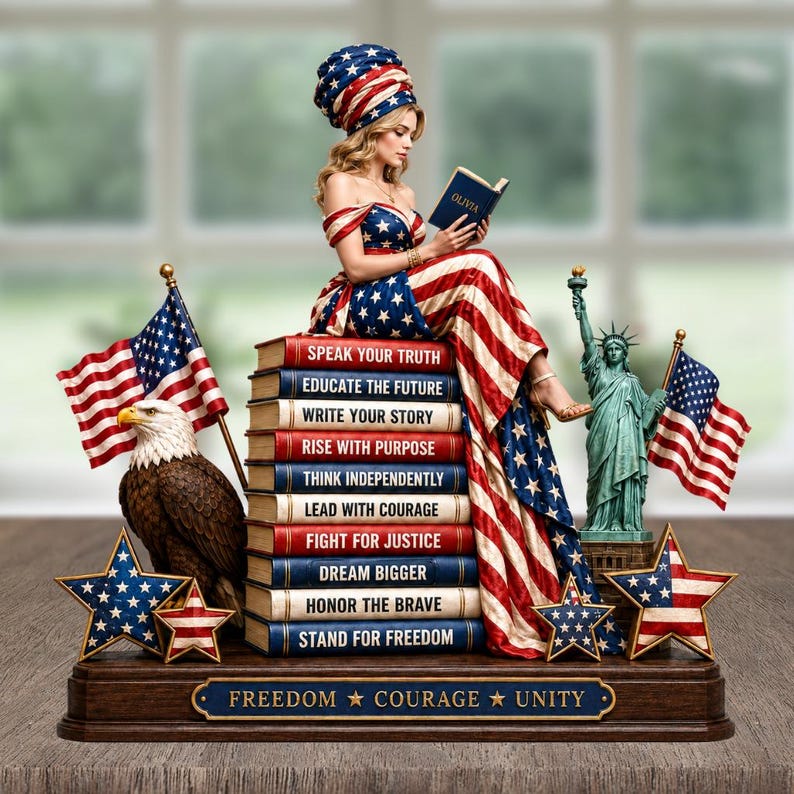 May include: A patriotic figurine featuring a woman in a dress and head wrap with a star and stripe design, reading a book. The figurine includes an American flag, an eagle, the Statue of Liberty, and books with inspirational phrases. The base reads "FREEDOM COURAGE UNITY."