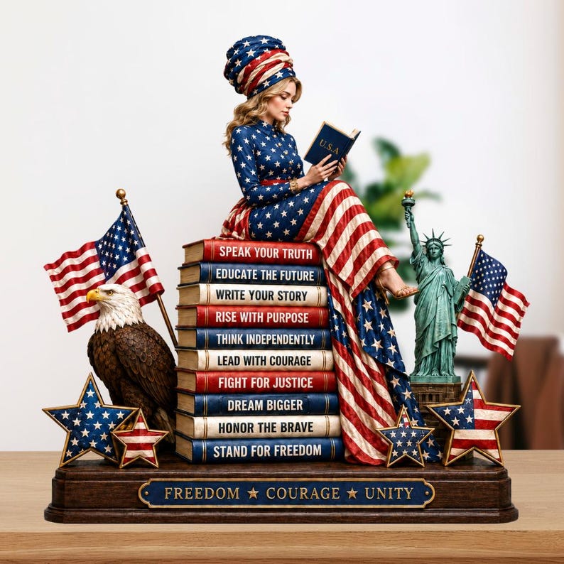 May include: A patriotic figurine featuring a woman in a star-spangled dress and head wrap, reading a book while seated atop a stack of books. The books display inspirational phrases. Includes an American flag, an eagle, the Statue of Liberty, and star-shaped decorations.