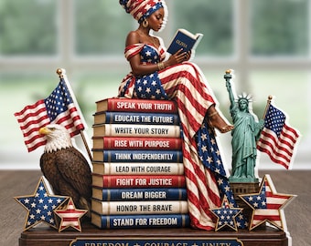 Personalized American 250th Anniversary African Woman Reading Acrylic Plaque, Custom Name 250 Years of Freedom 1776–2026 Desk Sign