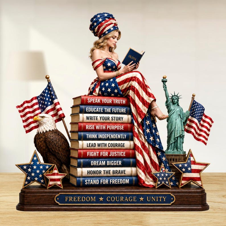 May include: A patriotic statue featuring a woman in a dress and head wrap adorned with stars and stripes, reading a book. The statue includes an American flag, an eagle, the Statue of Liberty, and books with inspirational phrases. The base reads "FREEDOM COURAGE UNITY."