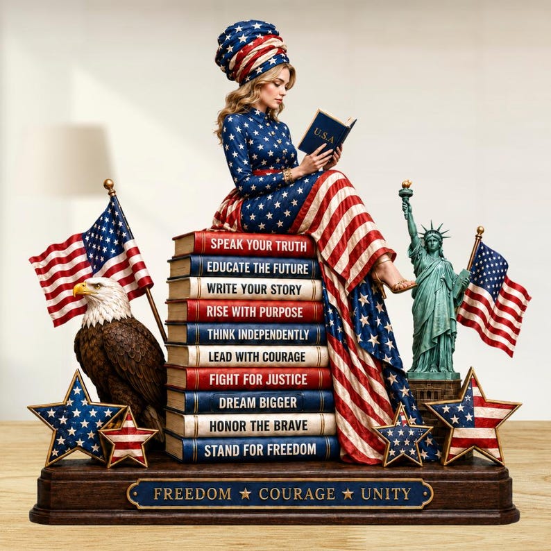 May include: A patriotic figurine featuring a woman in a dress and head wrap adorned with stars and stripes, reading a book. The base includes an American flag, an eagle, the Statue of Liberty, and the words "FREEDOM COURAGE UNITY".