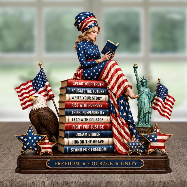 May include: A patriotic figurine featuring a woman in a dress and head wrap adorned with stars and stripes, reading a book. The base includes an eagle, flags, stars, and the Statue of Liberty. The books read: Speak Your Truth, Educate the Future, and more.