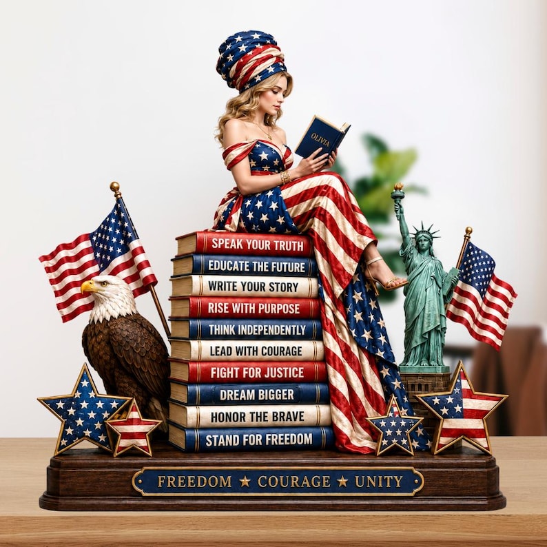 May include: A patriotic statue featuring a woman in a dress and head wrap adorned with the American flag design, reading a book. The statue includes a bald eagle, the Statue of Liberty, and American flags. The base reads "Freedom, Courage, Unity."