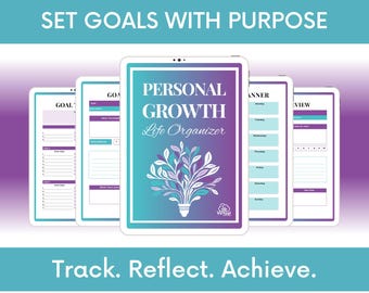 Peut inclure: Planificateur numérique avec un fond dégradé et le texte "SET GOALS WITH PURPOSE". Le planificateur comprend des pages pour la définition d'objectifs, la planification hebdomadaire et l'examen. L'image centrale indique "PERSONAL GROWTH Life Organizer". Le texte inférieur indique "Track. Reflect. Achieve."