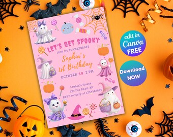 Halloween ghost 1st birthday party invite, spooky one first birthday girl, spooky little one birthday editable Canva invite let's get spooky