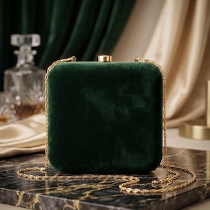 Puede incluir: Un bolso de mano cuadrado de terciopelo verde esmeralda con una correa de cadena dorada. El bolso tiene un cierre dorado y se exhibe sobre una superficie de mármol. El fondo presenta tela drapeada verde oscuro y beige.