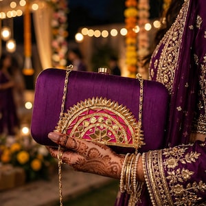 Purple Silk Clutch Bag with Detachable Chain, Gotta Patti Work, Fits iPhone