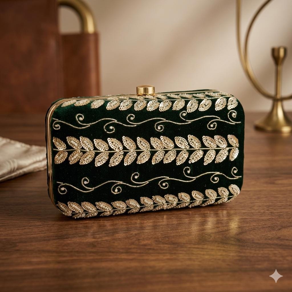 Black Velvet Pearl & Sequin Zari Handwork Bridal Clutch Bag for Women, Evening Ladies Purse