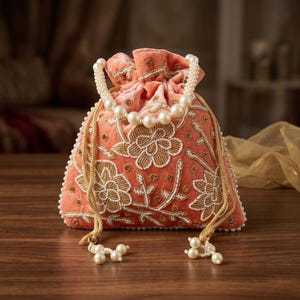Puede incluir: Una bolsa de terciopelo color melocotón con bordados florales y un asa de perlas. La bolsa presenta hilos y abalorios dorados, con cierre de cordón y detalles de perlas. La bolsa está sobre una superficie de madera.