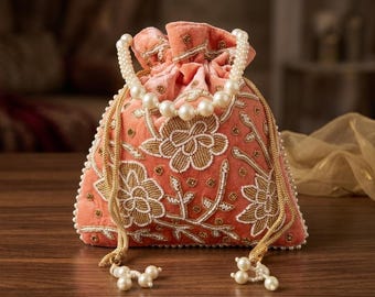 Bolso Potli de terciopelo melocotón con perlas bordadas a mano, bolso Potli nupcial con Latkan