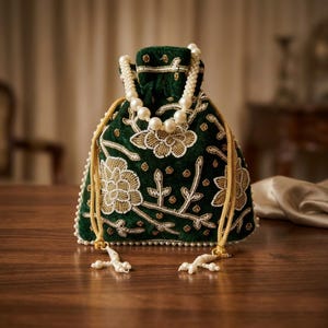 Pode incluir: Uma bolsa de veludo verde escuro com bordados florais dourados e detalhes de contas brancas. Um colar de pérolas brancas é drapeado sobre a parte superior. A bolsa tem cordões dourados com borlas de contas brancas.