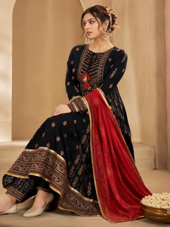 Women Black Size 2XL Gold Print Flared Kurta Pant Set with Dupatta, Indian Suit
