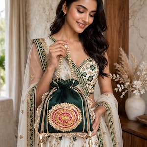 Peut inclure: Une pochette à cordon vert foncé ornée d'un médaillon central circulaire avec des broderies roses et dorées, une bordure métallique dorée et une anse en perles. Le sac est agrémenté de deux pompons dorés suspendus aux coins inférieurs.