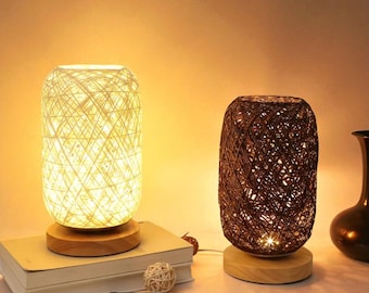 Wooden Table Lamp with Rattan Base | Bedside Night Light | Modern Desk Lamp for Bedroom Living Room Home Decor | EU Plug