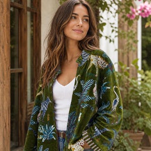 Luxury Velvet Jungle Print Jacket Handmade Boho Coat Cotton Lined Safari Style