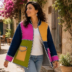 Veste patchwork matelassée faite à la main, veste bohème ouverte sur le devant en coton, vêtement d'extérieur artisanal coloré