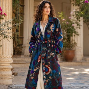 Vintage Luxury Soft Cotton Velvet Embroidered Kimono Robe Long Jacket Belted Pockets Boho Overcoat