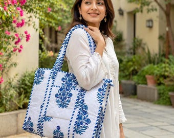 Handmade Quilted Cotton Tote Bag Block Printed Zippered Weekender Shopper Travel Carryall