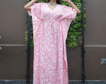 Pink Hand Block Print Cotton Kaftan Dress Boho Summer Resort Loungewear