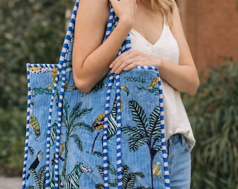 Handmade Velvet Printed Tote Bag Quilted Jungle Animal Print Zipper Shoulder Travel Shopper Gift