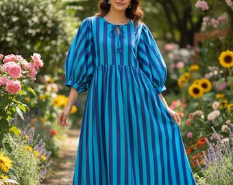 Blue Stripe Cotton Dress Puff Sleeve Midi Bohemian Relaxed Resort Beach Everyday Wear