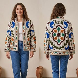 Handwoven Jute Cotton Embroidered Jacket Boho Floral Artisan Lined Ethnic Women Coat
