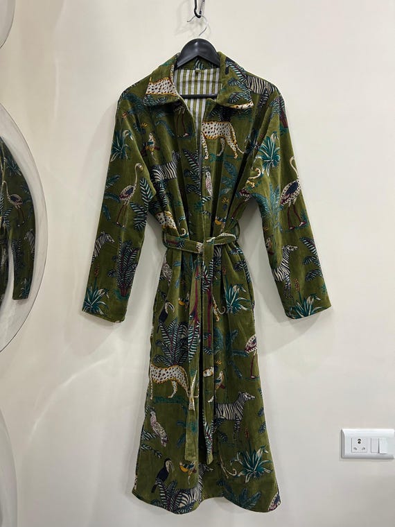Luxury Olive Green Velvet Printed Robe with Cotton Lining, Belted Kimono  Style Dressing Gown