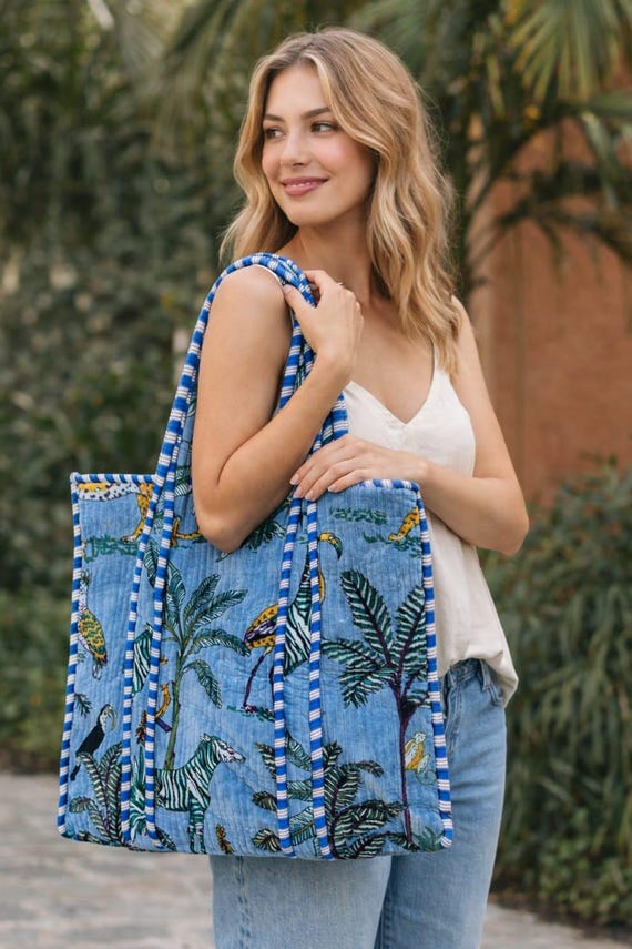 Handmade Velvet Printed Tote Bag Quilted Jungle Zip Shoulder Boho Travel Shopper