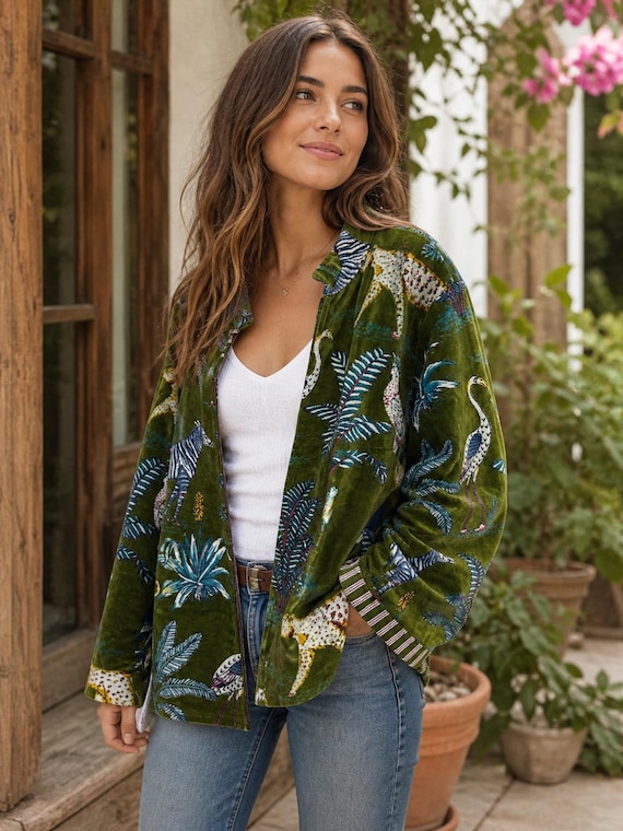 Luxury Velvet Jungle Print Jacket Handmade Boho Coat Cotton Lined
