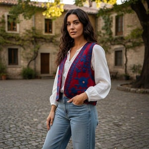 Puede incluir: Una mujer con un chaleco bordado rojo y azul sobre una blusa blanca y vaqueros azules. El chaleco presenta un diseño floral. El fondo incluye un edificio de piedra y un árbol.