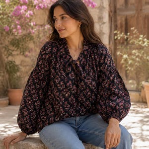 Blusa de algodón con estampado bohemio a mano y mangas abullonadas, estilo túnica, ropa campesina bohemia para mujer.