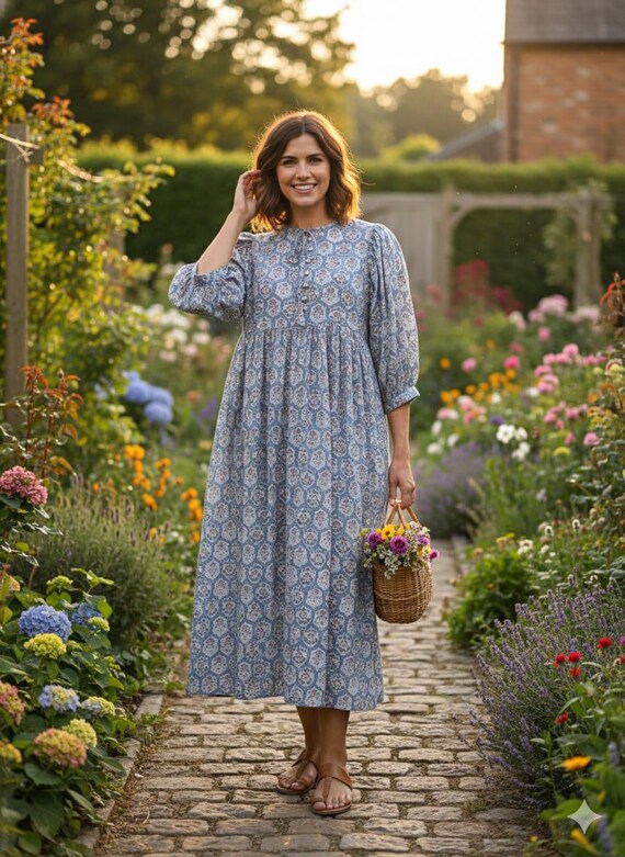 Hand Block Print Cotton Midi Dress Grey Floral Boho Balloon Sleeve Summer Lightweight
