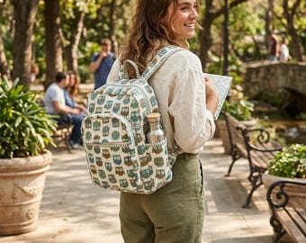 Handmade Owl Print Quilted Cotton Backpack Boho School Bag With Adjustable Straps Side Pockets