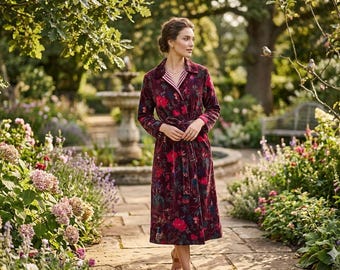 May include: A burgundy floral print robe with a matching belt. The long-sleeved robe features a red and white striped collar and is worn in a garden setting with a stone fountain and flowers.