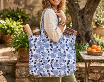 Hand Block Print Cotton Quilted Tote Bag Floral Blue Handmade Boho Shoulder Shopper