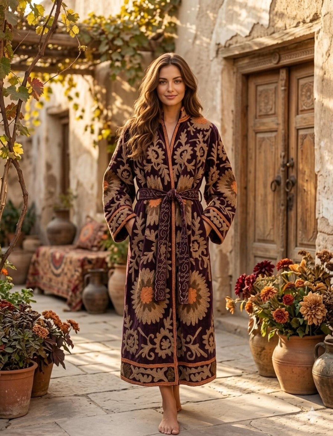 Luxury Velvet Hand Embroidered Floral Suzani Robe Bohemian Winter ...